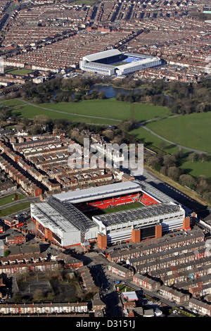 aerial view of Liverpool FC Anfield Stadium looking across Stanley Park to Everton FC Goodison Park Stadium, Liverpool Stock Photo