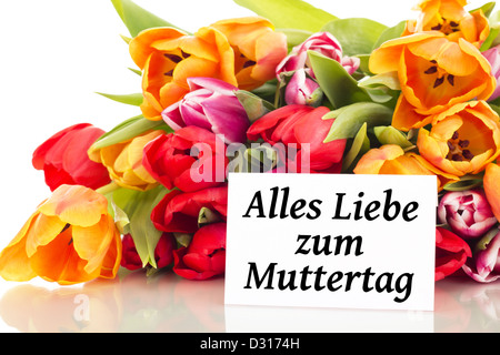 Bunch of tulips with card: Happy Mother's Day Stock Photo