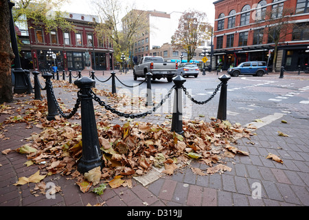 autumn fallen leaves at powell and alexander in the old gastown area of Vancouver BC Canada Stock Photo