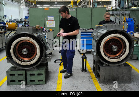 Skoda Electric, a subsidiary of Skoda Transportation, signed contract with U.S. conglomerate GE Transportation worth one billion crowns. Skoda Electric will supply mechanical drives for 110 passenger locomotives for Kazakhstan State Railways. The first prototype for GE Transportation will be transmitted this year. The series delivery of 660 pieces will start at the turn of 2014 and 2015. Production of large electric motors is seen in Skoda Electric in Pilsen, Czech Republic, February 6, 2013. (CTK Photo/Petr Eret) Stock Photo