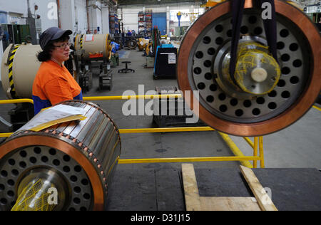 Skoda Electric, a subsidiary of Skoda Transportation, signed contract with U.S. conglomerate GE Transportation worth one billion crowns. Skoda Electric will supply mechanical drives for 110 passenger locomotives for Kazakhstan State Railways. The first prototype for GE Transportation will be transmitted this year. The series delivery of 660 pieces will start at the turn of 2014 and 2015. Production of large electric motors is seen in Skoda Electric in Pilsen, Czech Republic, February 6, 2013. (CTK Photo/Petr Eret) Stock Photo