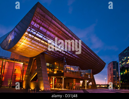 The Lowry Centre at Salford Quays illuminated at sunset Manchester Greater Manchester Lancashire England GB UK EU Europe Stock Photo