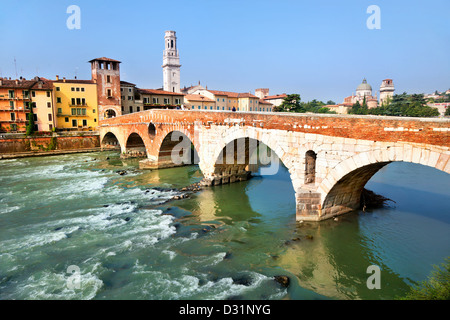 View of Adige river and St Peter bridge, Verona, Italy. Stock Photo