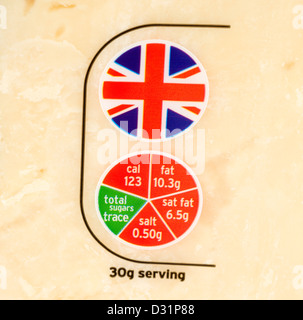 Close up of the British origin and 'traffic light' food labels on a pack of Sainsbury's cheddar cheese, UK Stock Photo