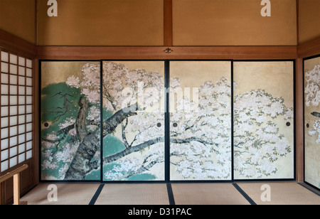 In the famous gardens of Kairaku-en, Mito, Japan, the Kobuntei building is known for its beautifully decorated sliding doors (fusuma) Stock Photo