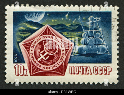 USSR - CIRCA 1976: Postage stamps printed in USSR dedicated to Luna 24, Soviet Union's spacecraft, launched in 1976, circa 1976. Stock Photo