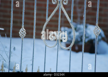 A front gate covered with ice from and snow with cool blue tones in winter with foliage bush shrub in out of focus background Stock Photo