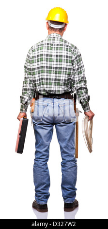 portrait of handyman isolated on white back view Stock Photo