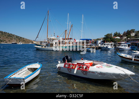 Boats moored in Gumusluk marina. Gumusluk, Bodrum peninsula, Mugla province, Turkey. Stock Photo