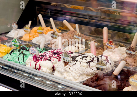 Gelato (ice-cream) on display in Gran Viale Santa Maria Elisabetta, Lido, Venice, Italy. Stock Photo