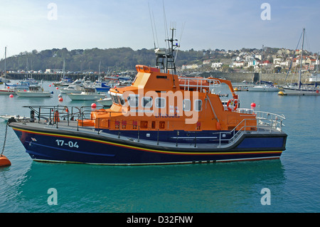 The Lifeboat, (Severn Class), 'The Spirit Of Guernsey' moored in St. Peter Port, Guernsey, Channel Islands, April. Stock Photo