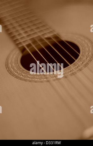 Classical Accoustic Guitar,Six (6) string guitar showing sound hole Stock Photo