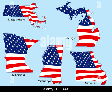 Massachusetts, Michigan, Minnesota, Mississippi and Missouri outlines with flags Stock Photo