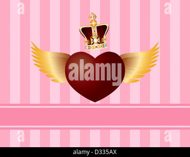 Flying Heart with Wings and Crown for Valentines or Mothers Day on Pink Stripes Pattern Background Illustration Stock Photo