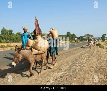 Locals returning from the market on the side of the road with donkeys ...