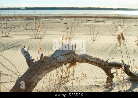 An image of a dry lake bed in drought-stricken Oklahoma. Canton lake in Northwest Oklahoma, USA has receded in the distance. Stock Photo