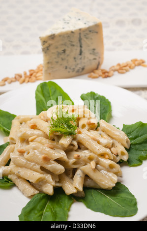 Italian traditional pasta penne gorgonzola and pine nuts Stock Photo