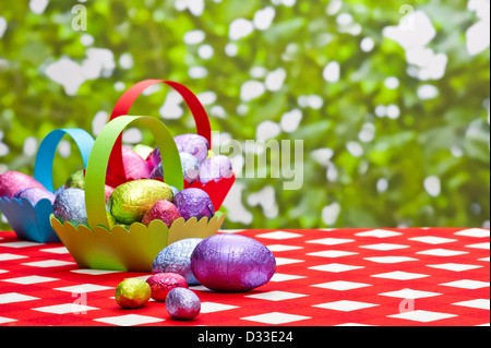 Easter eggs in basket in a spring setting with place card Stock Photo