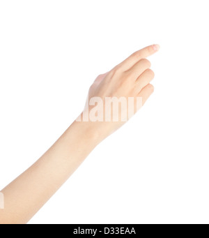 Woman hand touching virtual screen. Isolated on white. Stock Photo