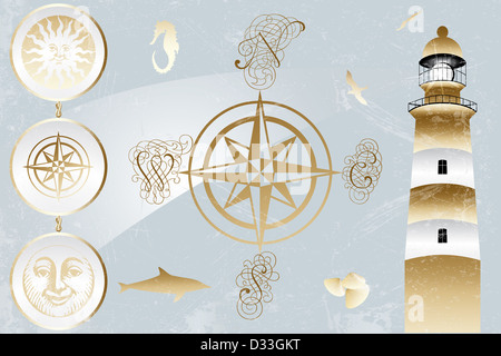 Hand drawn antique nautical design elements and high detailed lighthouse with lights on -  illustration Stock Photo