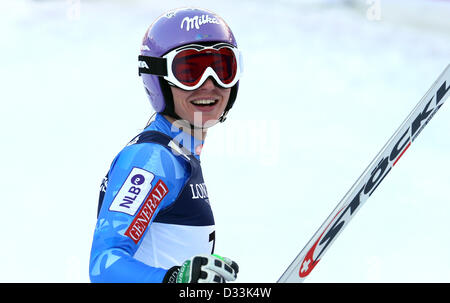 Tina Maze of Slovenia reacts in the finish area during the first run of the women's Super Combined event at the Alpine Skiing World Championships in Schladming, Austria, 08 February 2013. Photo: Karl-Josef Hildenbrand/dpa +++(c) dpa - Bildfunk+++ Stock Photo