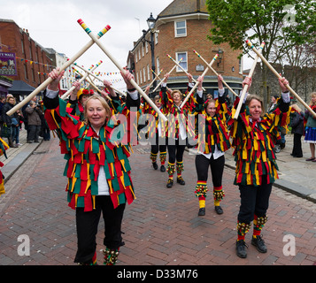 Female Morris dancers dancing at the Sweeps Festival in Rochester, Kent, UK Stock Photo