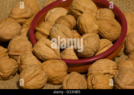 Walnuts in a ceramic bowl on burlap Stock Photo