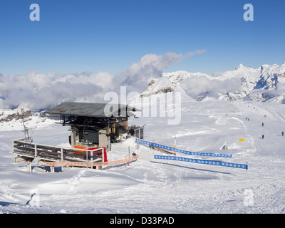 Diamont Noir chairlift and view from Les Grandes Platieres in Le Grand Massif ski area of French Alps. Flaine Rhone-Alpes France Stock Photo