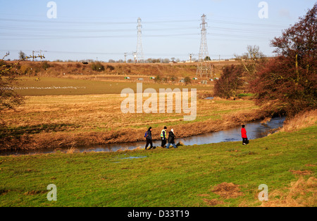 A view of four walkers on the Tas Valley Way by the River Tas at Caistor St Edmund, Norfolk, England, United Kingdom. Stock Photo