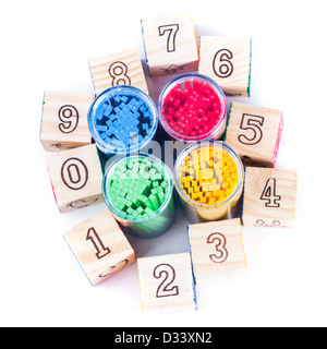 Various color counting sticks wooden cubes with digits isolated Stock Photo