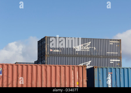 Stack of NYK Logistics intermodal containers in the port of Hamburg ...