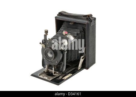 An Antique vintage folding camera - studio shot with a white background Stock Photo
