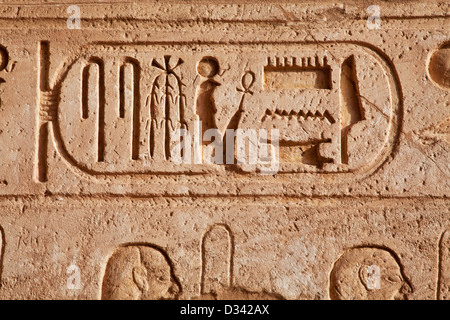 Cartouche of pharaoh Ramesses II carved near the entrance to the Great Temple at Abu Simbel, Egypt Stock Photo