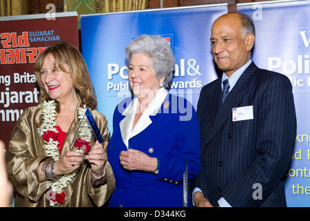 London, UK. 7th February 2013. On the Left is Helena Kennedy, Baroness Kennedy of the Shaws QC honoured as The Peer of the Year is seen with an award at the Political and Public Life awards 2013. In the middles is the Guest of honour, Baroness Betty Boothroyd, Former speaker of the House of Commons. On the right is C B Patel, managing Director of Asian Voice newspaper published in The UK for the Asian community.. Credit:  Harishkumar Shah / Alamy Live News Stock Photo