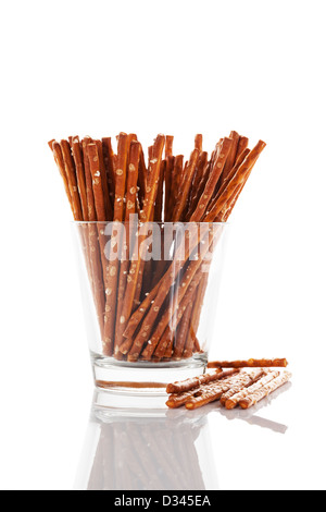 pretzel sticks in a glass on white background Stock Photo