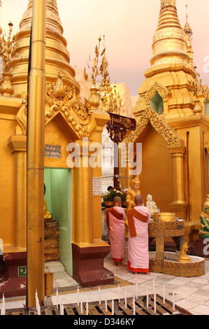 Young Burmese nuns perform Buddhist ritual at the Shwedagon Pagoda, Yangon. Stock Photo