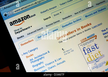 Close up view of Amazon online retailing website with bestselling products listed Stock Photo