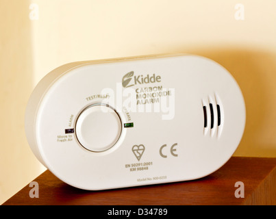 Domestic carbon monoxide alarm used in homes to detect the dangerous gas before causing poisoning or death Stock Photo