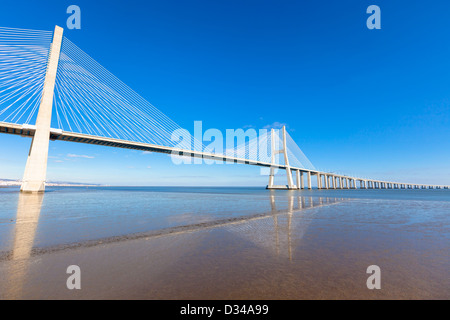 Modern bridge fragment: Vasco da Gama Bridge (Ponte Vasco da Gama), Lisbon Stock Photo