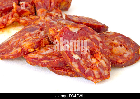 Iberian pork sausage on a cutting board Stock Photo