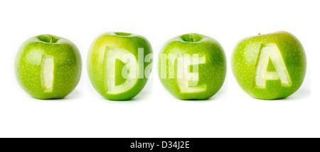 Word 'idea' made of green apples on white background. Part of the set. Stock Photo