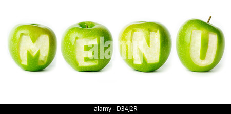 Word 'menu' made of green apples on white background. Part of the set. Stock Photo