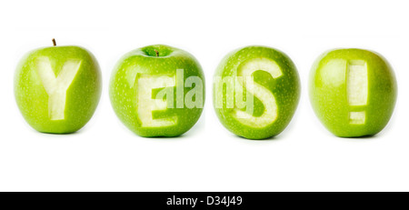 Word 'yes' made of green apples on white background. Part of the set. Stock Photo