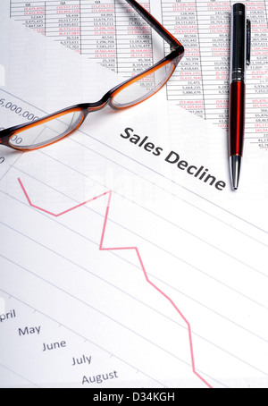 Business analysis showing line graph with sales decline results Stock Photo