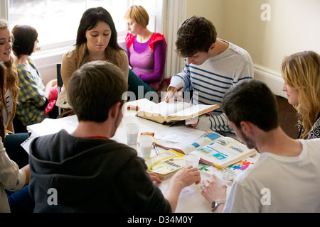Teenage male and female students studying in a common room Stock Photo