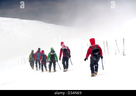 A group of mountaineers walking in a blizzard in the Scottish Mountains in winter on Aonach Mor Fort William Scotland Stock Photo