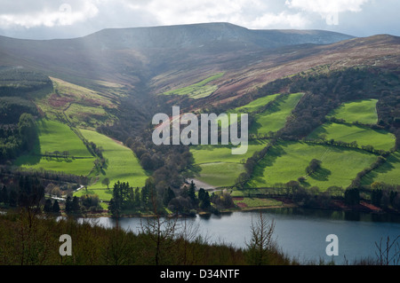 Landscape view towards Waun Rydd hill across the Talybont Reservoir in the Brecon Beacons National Park, south Wales.