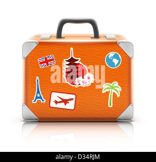 vintage suitcase with funky stickers isolated on white background Stock Photo