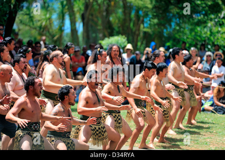Kapa Haka group performs a Maori haka dance at the Waitangi Treaty Grounds during Waitangi Day celebrations Stock Photo