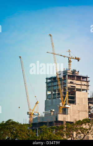 Building of a skyscraper with three tower cranes Stock Photo